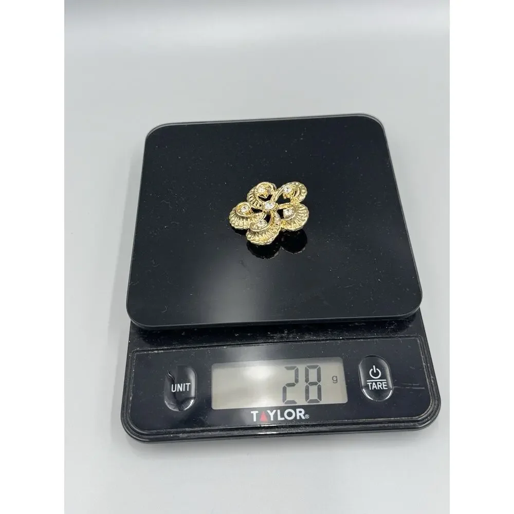 Vintage‎ Gold Colored Flower Twisted Petals Clear Rhinestones Lapel Pin Brooch
